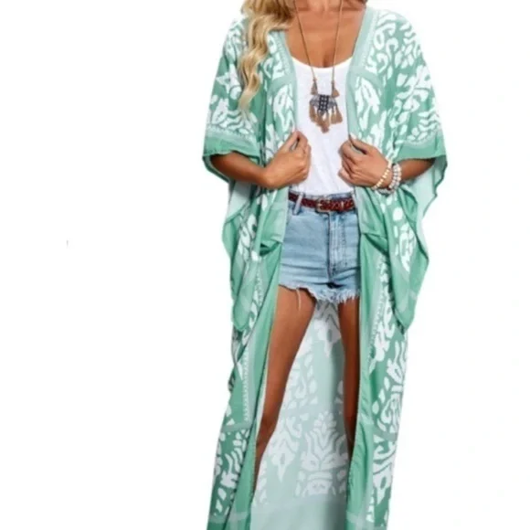 Green open front coverup kimono duster - Picture 3 of 6